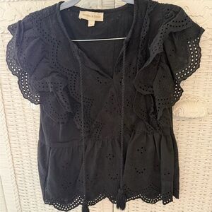 Black Eyelet Ruffle Tie-Front Top medium